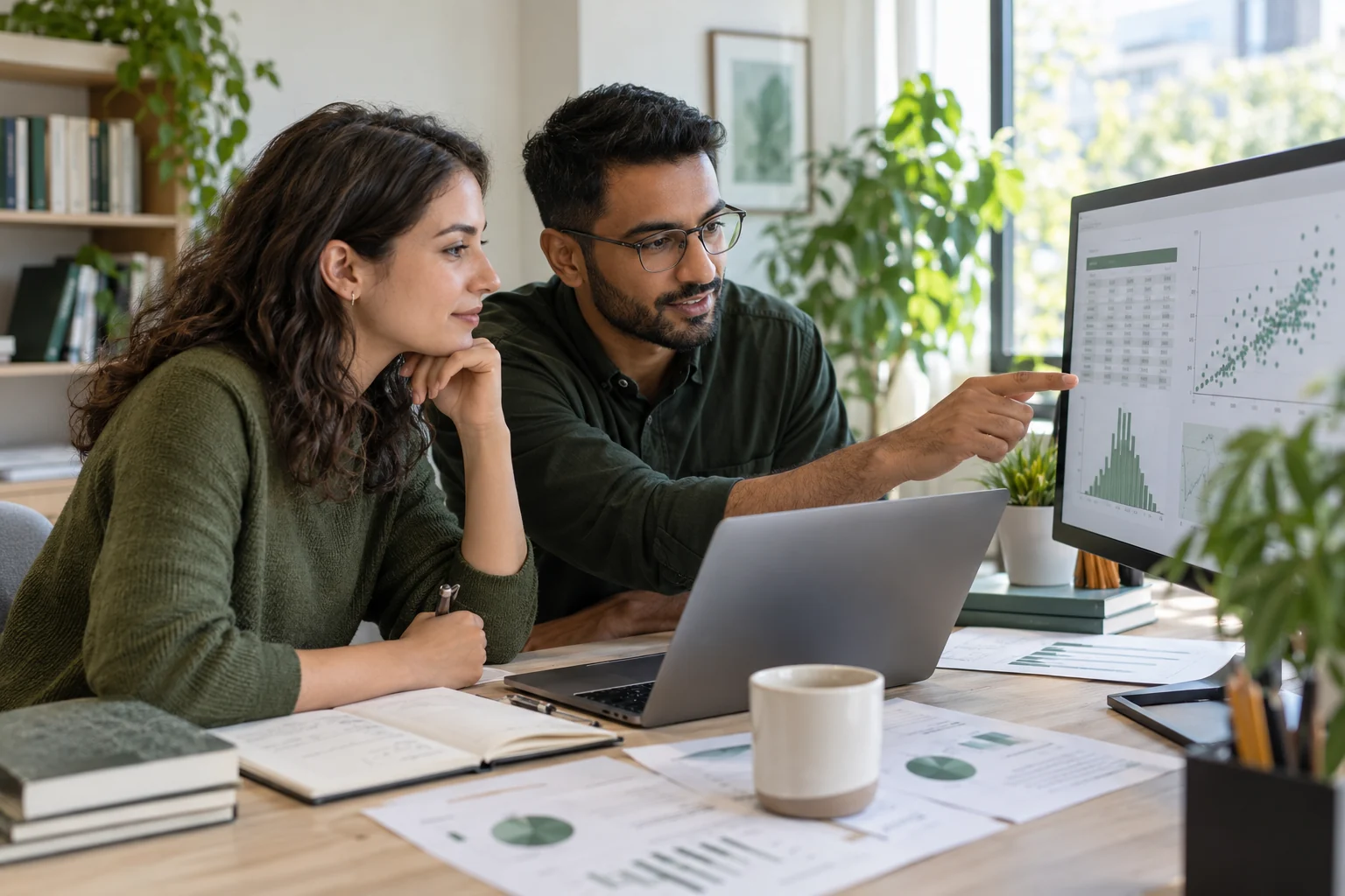 Illustrative researchers reviewing tables and statistical plots together in a bright research office